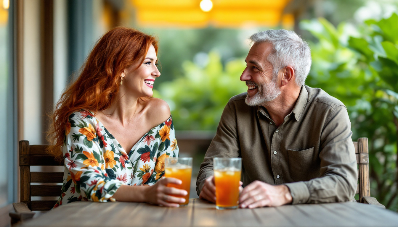 A joyful couple in their 50s laughing together over iced tea on a sunny porch
